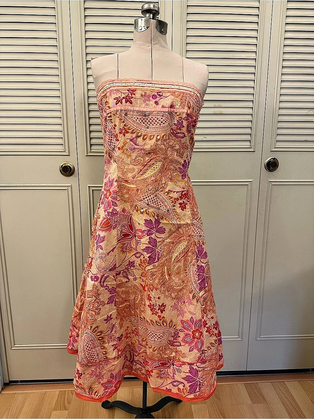 Express Strapless Paisley Midi Dress in Pink and Orange